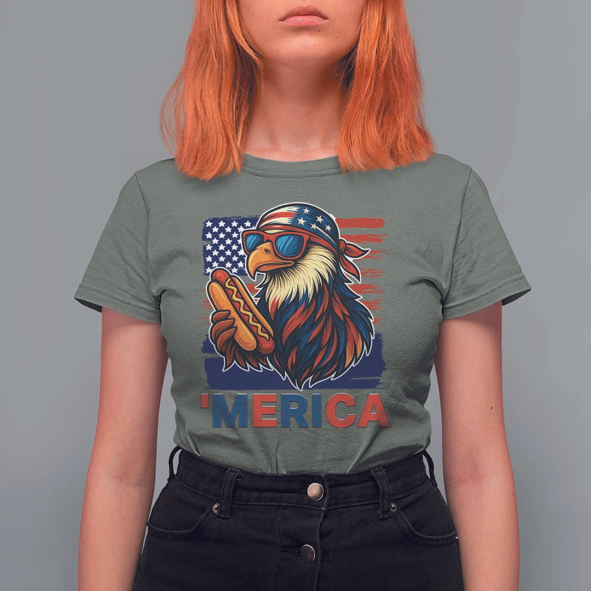 Funny American Eagle Eating Hot Dog T Shirt For Women 4th Of July Party Patriotic USA Flag - Wonder Print Shop