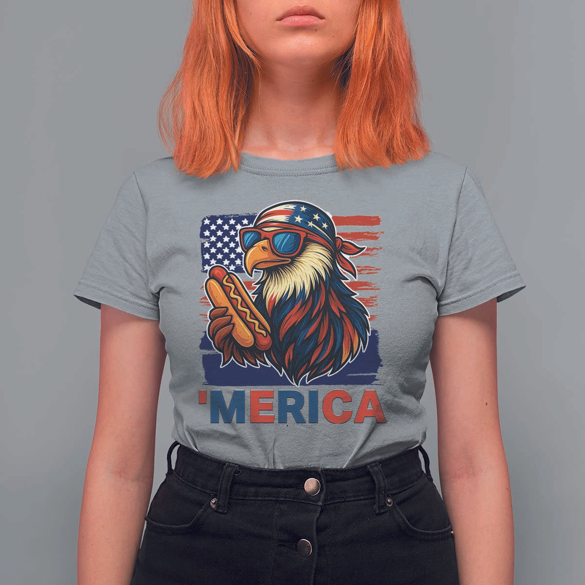Funny American Eagle Eating Hot Dog T Shirt For Women 4th Of July Party Patriotic USA Flag - Wonder Print Shop