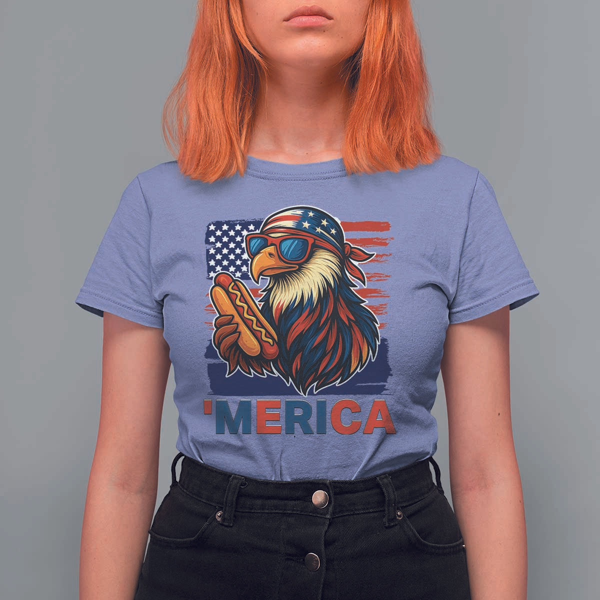 Funny American Eagle Eating Hot Dog T Shirt For Women 4th Of July Party Patriotic USA Flag - Wonder Print Shop
