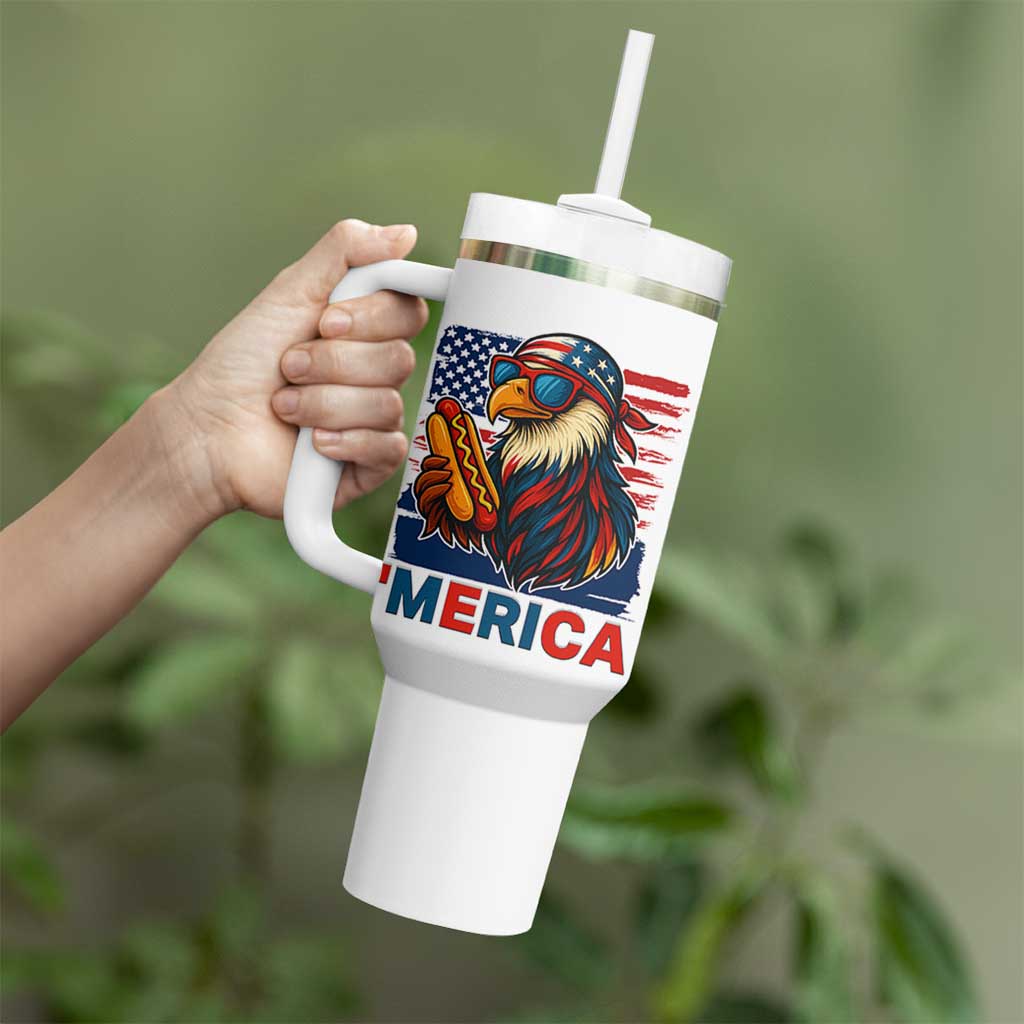 Funny American Eagle Eating Hot Dog Tumbler With Handle 4th Of July Party Patriotic USA Flag - Wonder Print Shop