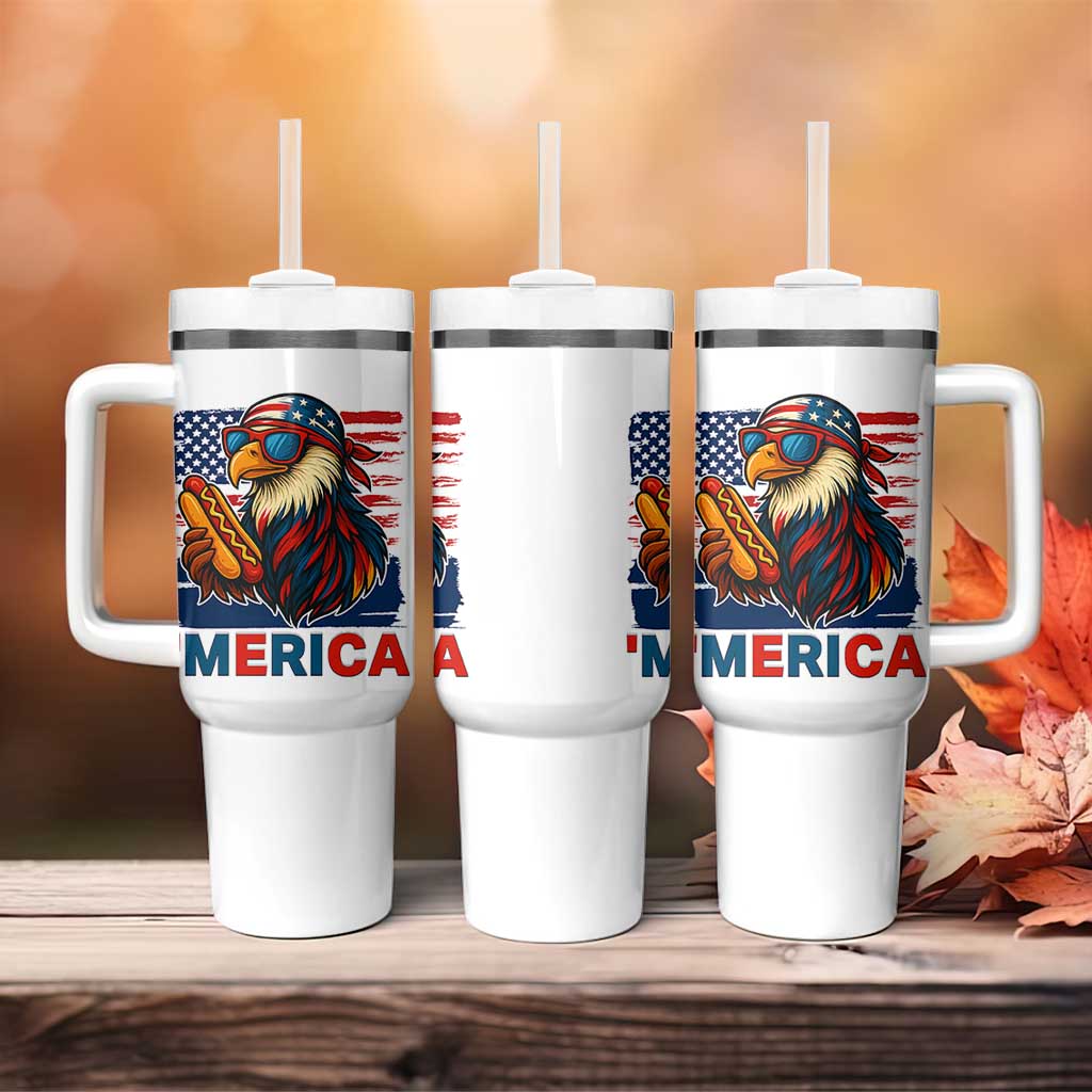 Funny American Eagle Eating Hot Dog Tumbler With Handle 4th Of July Party Patriotic USA Flag - Wonder Print Shop