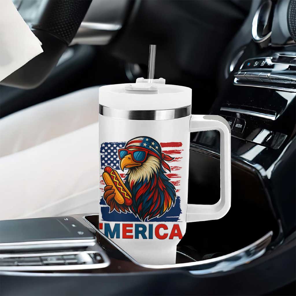 Funny American Eagle Eating Hot Dog Tumbler With Handle 4th Of July Party Patriotic USA Flag - Wonder Print Shop