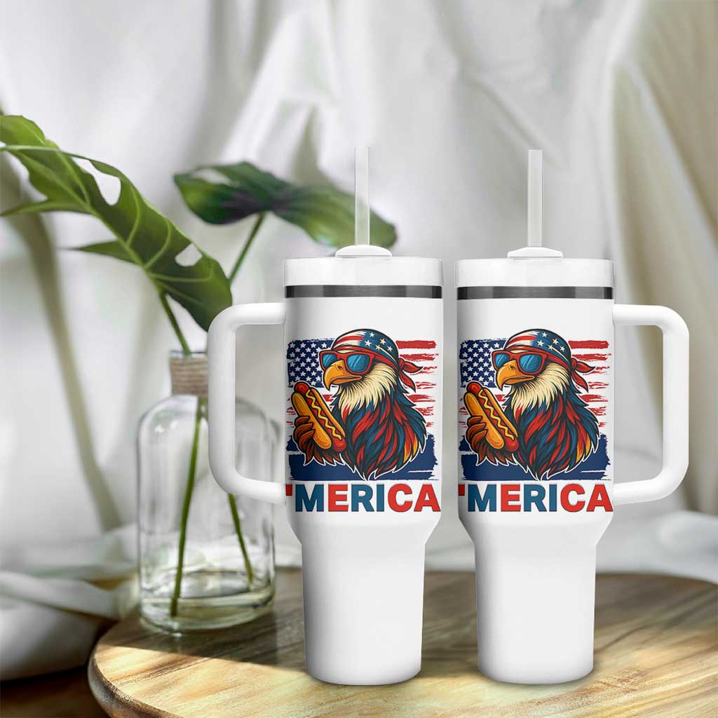 Funny American Eagle Eating Hot Dog Tumbler With Handle 4th Of July Party Patriotic USA Flag - Wonder Print Shop