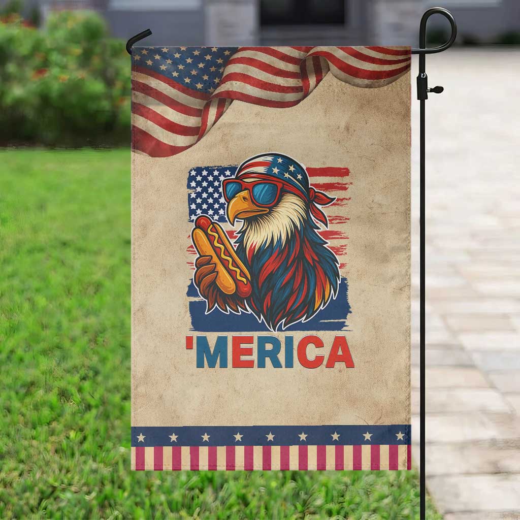 Funny American Eagle Eating Hot Dog Garden Flag 4th Of July Party Patriotic USA Flag