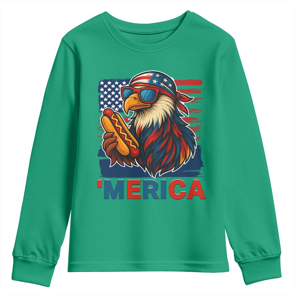 Funny American Eagle Eating Hot Dog Youth Sweatshirt 4th Of July Party Patriotic USA Flag - Wonder Print Shop