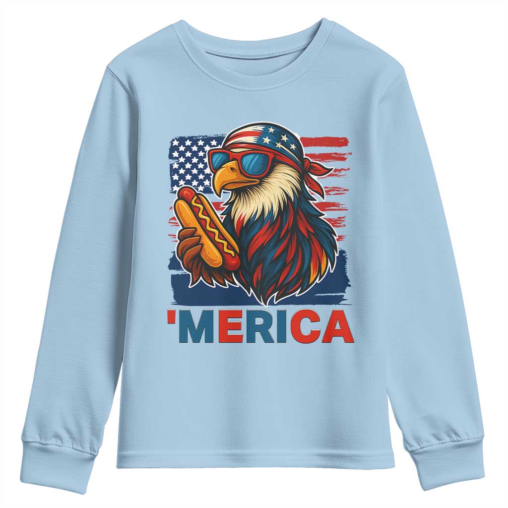 Funny American Eagle Eating Hot Dog Youth Sweatshirt 4th Of July Party Patriotic USA Flag - Wonder Print Shop