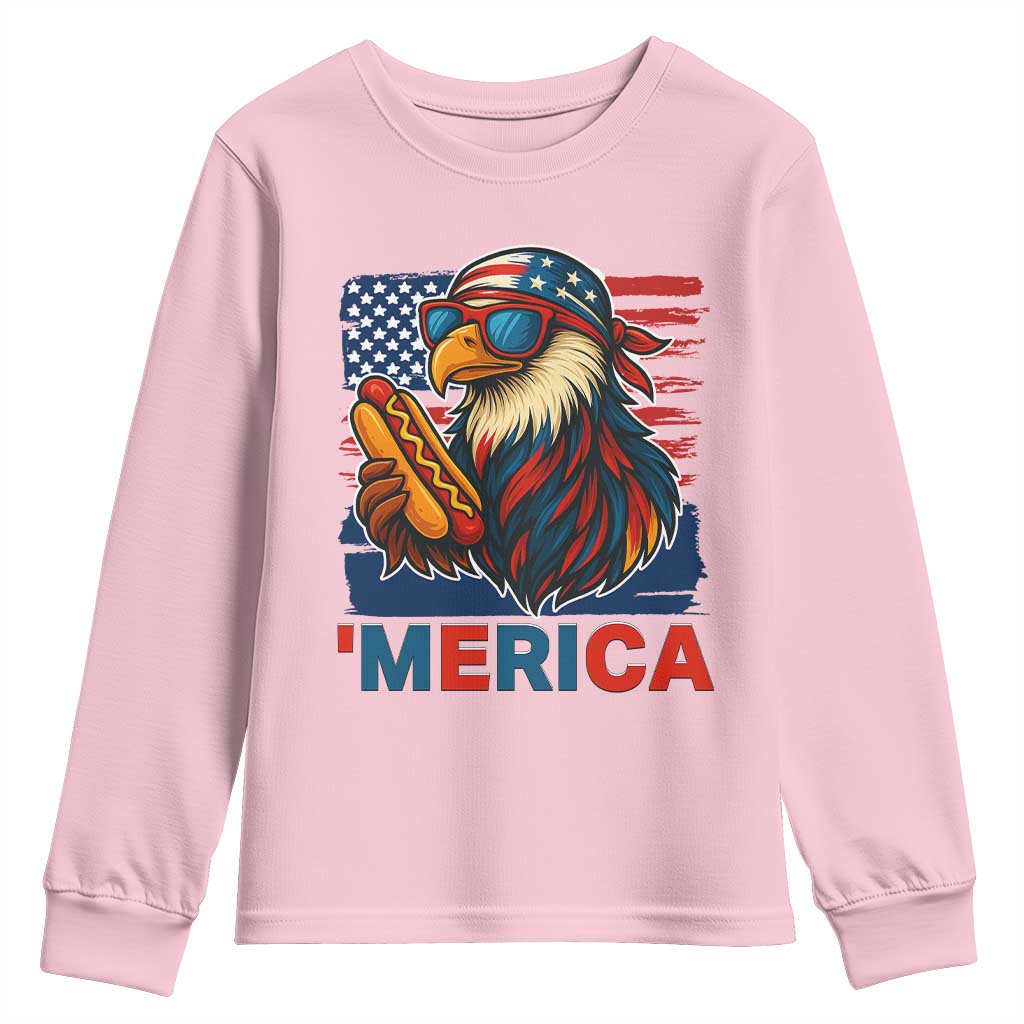 Funny American Eagle Eating Hot Dog Youth Sweatshirt 4th Of July Party Patriotic USA Flag - Wonder Print Shop