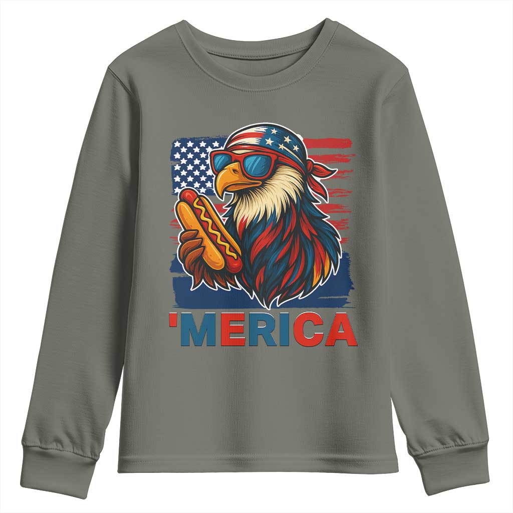Funny American Eagle Eating Hot Dog Youth Sweatshirt 4th Of July Party Patriotic USA Flag - Wonder Print Shop