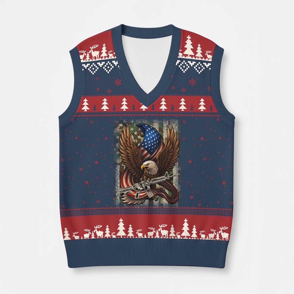 Patriotic Armed Eagle with  Camo Flag V-Neck Knit Sweater Vest Military Patriotic USA Defense - Wonder Print Shop