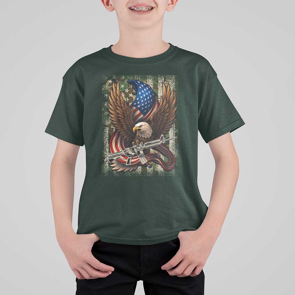 Patriotic Armed Eagle with  Camo Flag T Shirt For Kid Military Patriotic USA Defense - Wonder Print Shop
