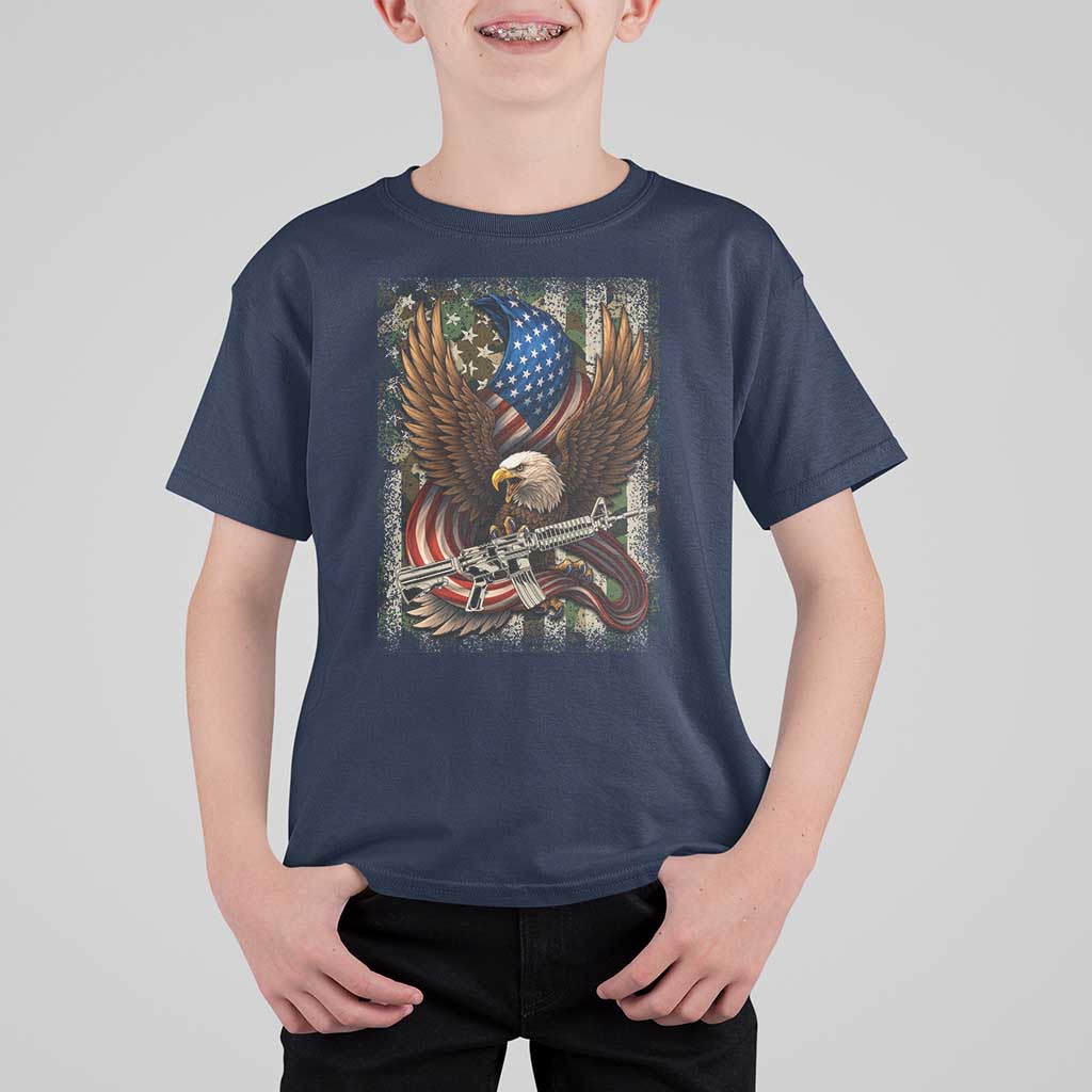 Patriotic Armed Eagle with  Camo Flag T Shirt For Kid Military Patriotic USA Defense - Wonder Print Shop