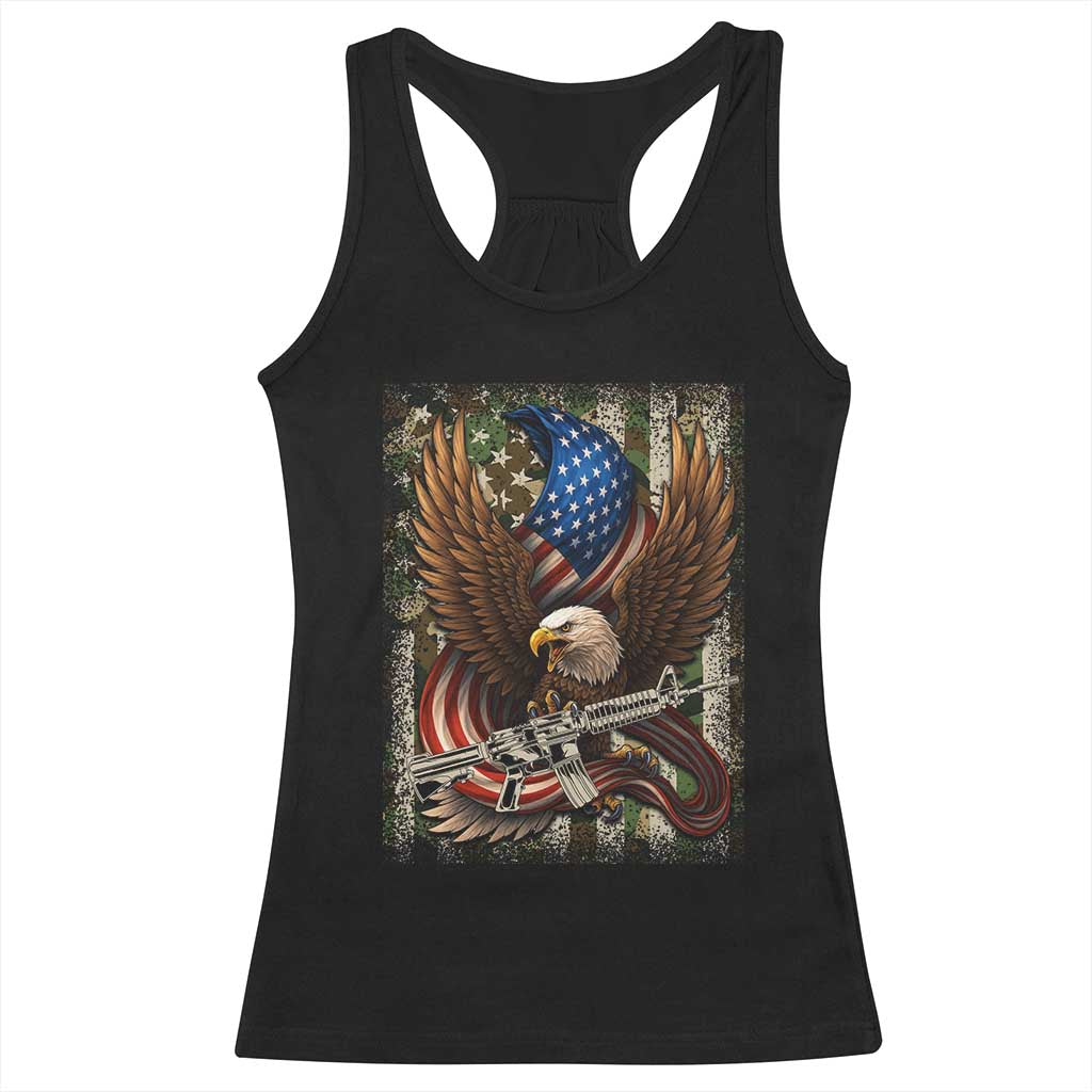 Patriotic Armed Eagle with  Camo Flag Racerback Tank Top Military Patriotic USA Defense - Wonder Print Shop