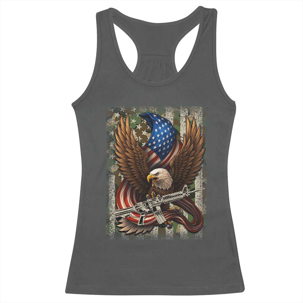 Patriotic Armed Eagle with  Camo Flag Racerback Tank Top Military Patriotic USA Defense - Wonder Print Shop