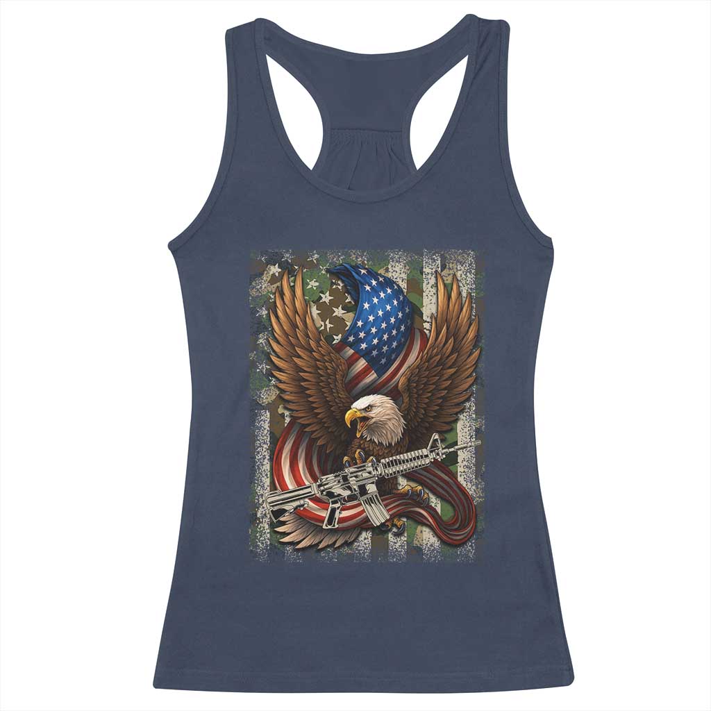 Patriotic Armed Eagle with  Camo Flag Racerback Tank Top Military Patriotic USA Defense - Wonder Print Shop