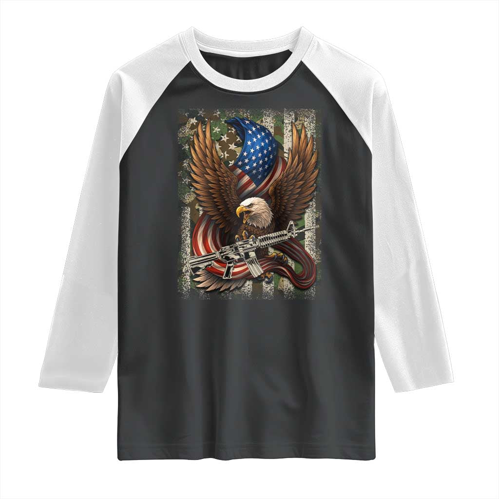 Patriotic Armed Eagle with  Camo Flag Raglan Shirt Military Patriotic USA Defense - Wonder Print Shop
