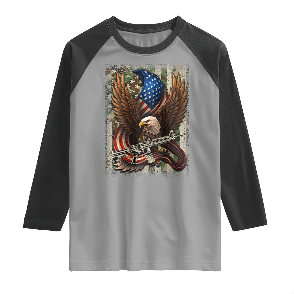 Patriotic Armed Eagle with  Camo Flag Raglan Shirt Military Patriotic USA Defense - Wonder Print Shop