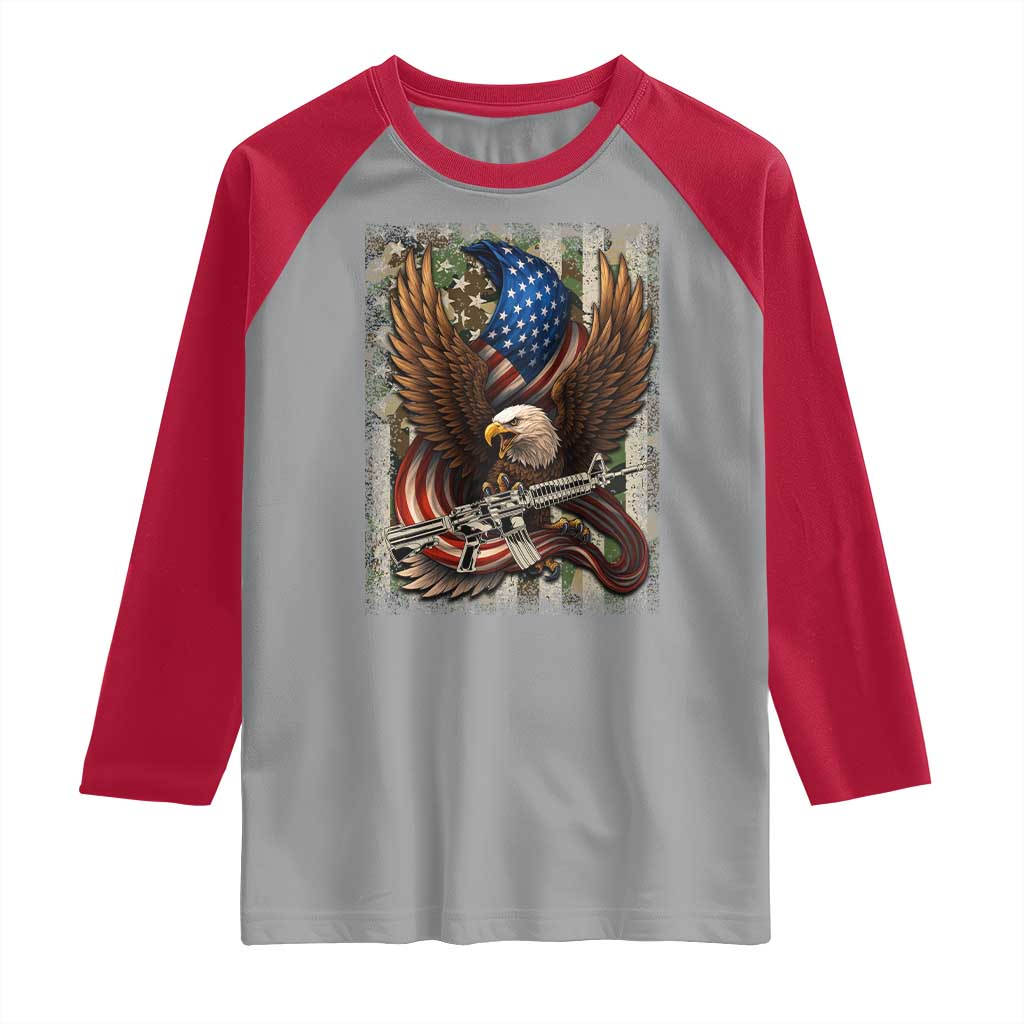 Patriotic Armed Eagle with  Camo Flag Raglan Shirt Military Patriotic USA Defense - Wonder Print Shop