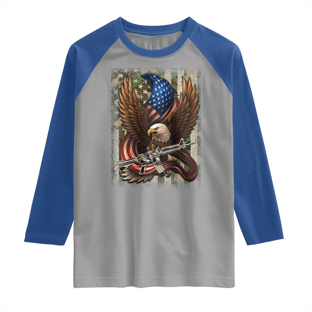 Patriotic Armed Eagle with  Camo Flag Raglan Shirt Military Patriotic USA Defense - Wonder Print Shop