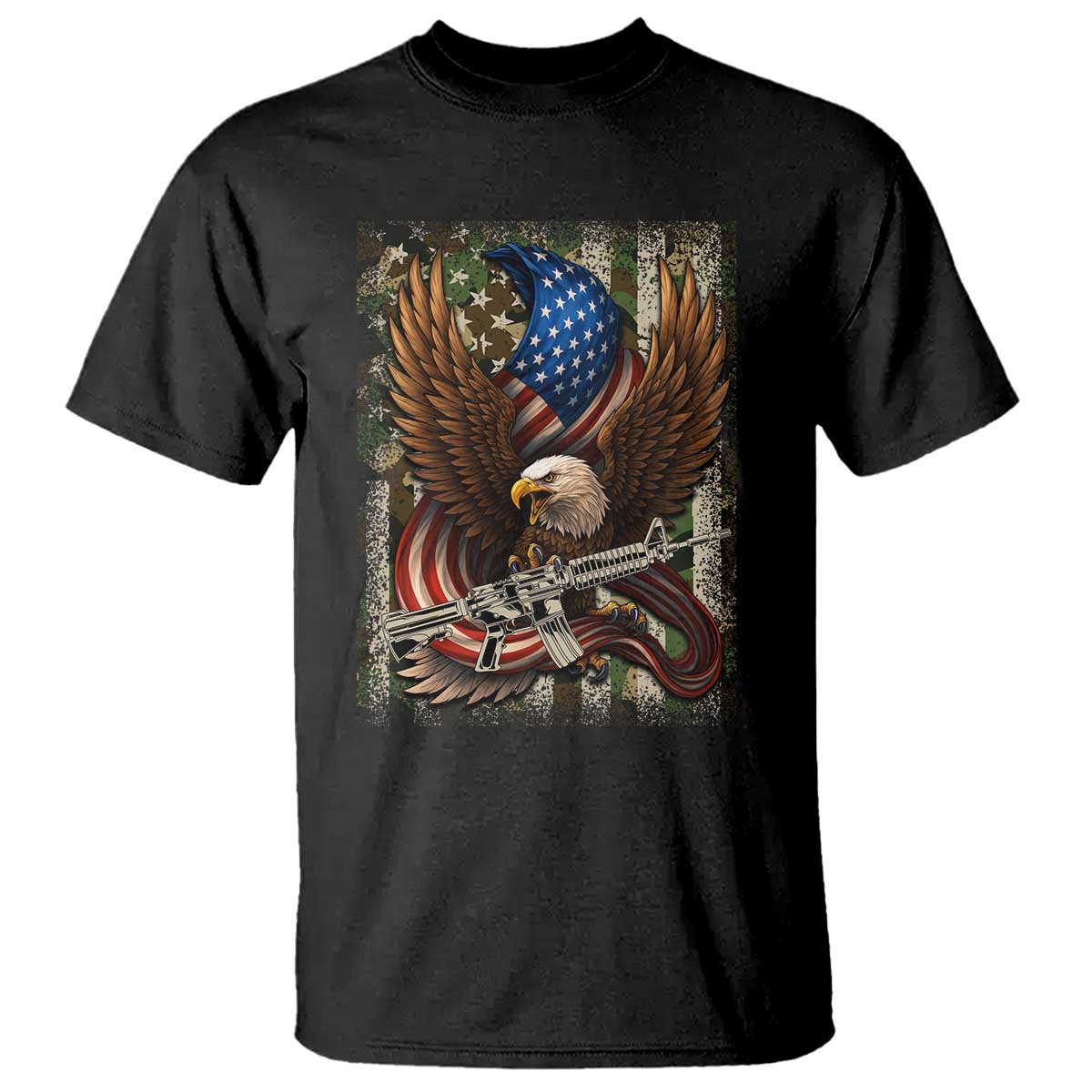 Patriotic Armed Eagle with  Camo Flag T Shirt Military Patriotic USA Defense - Wonder Print Shop