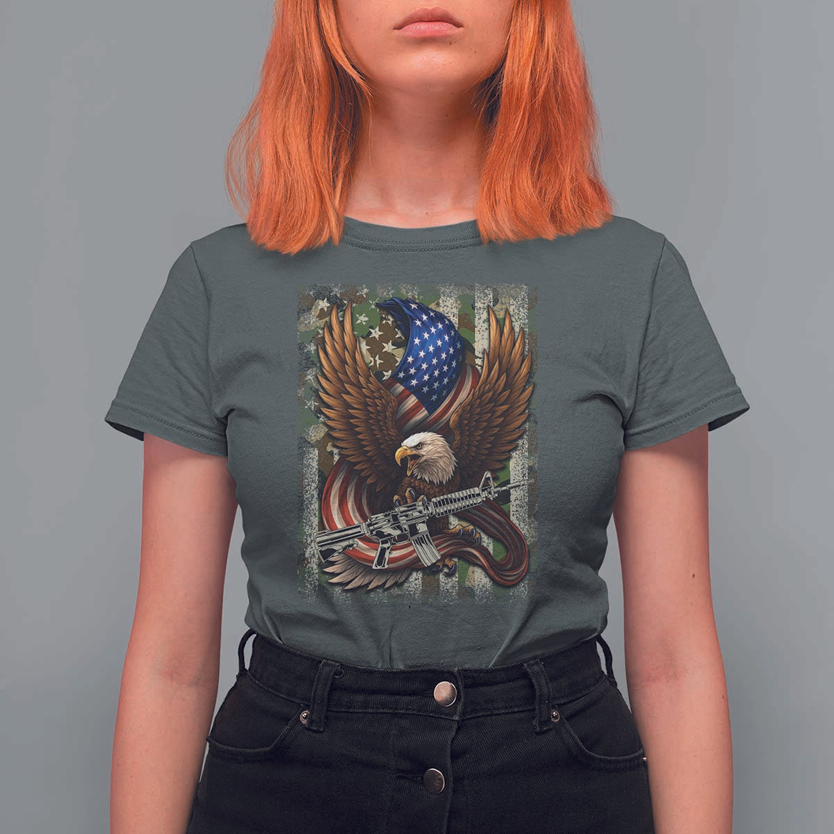 Patriotic Armed Eagle with  Camo Flag T Shirt For Women Military Patriotic USA Defense - Wonder Print Shop