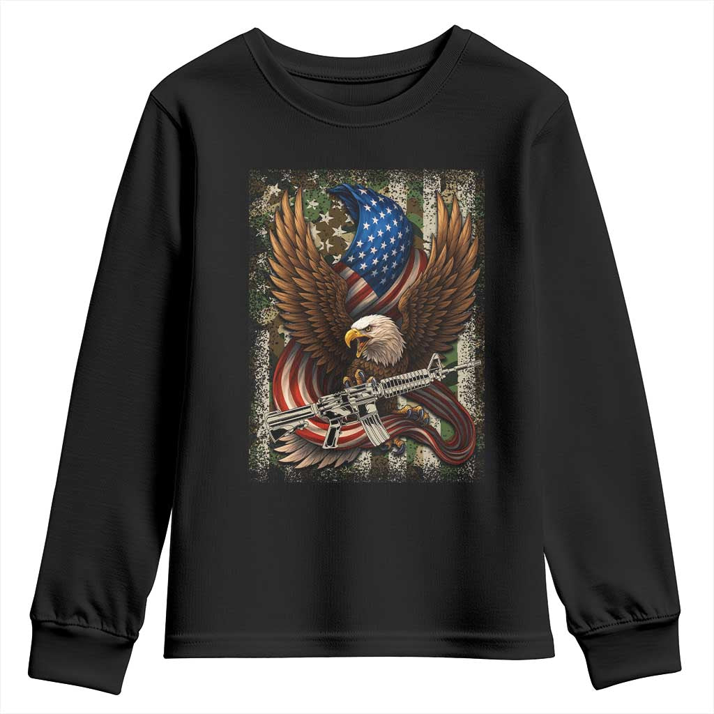 Patriotic Armed Eagle with  Camo Flag Youth Sweatshirt Military Patriotic USA Defense - Wonder Print Shop