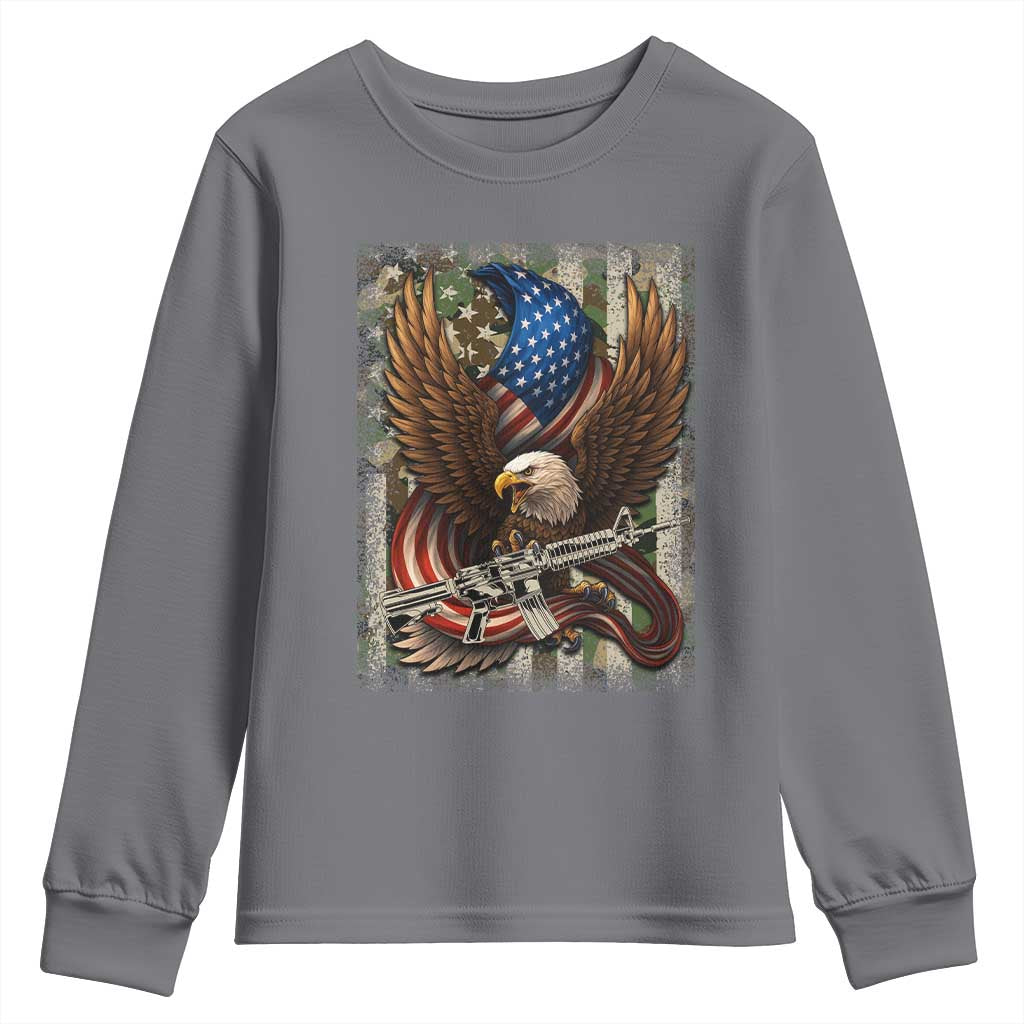 Patriotic Armed Eagle with  Camo Flag Youth Sweatshirt Military Patriotic USA Defense - Wonder Print Shop