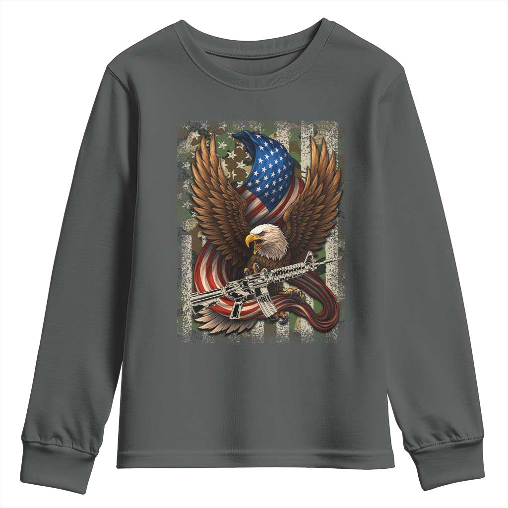 Patriotic Armed Eagle with  Camo Flag Youth Sweatshirt Military Patriotic USA Defense - Wonder Print Shop
