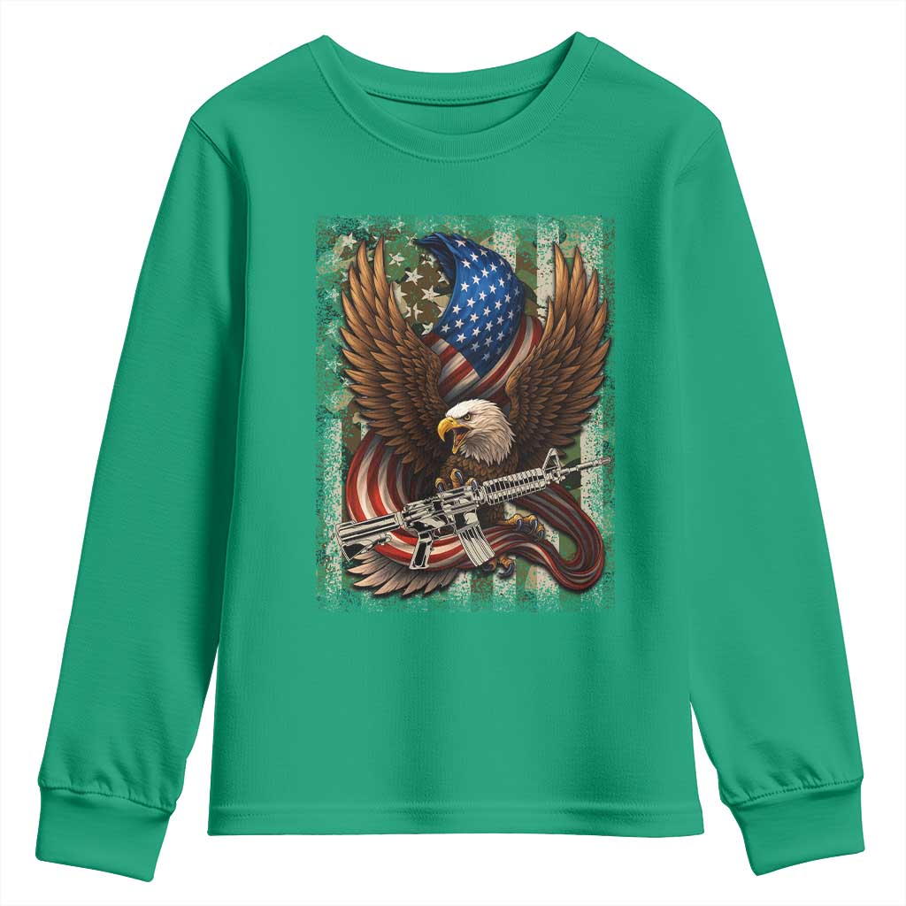 Patriotic Armed Eagle with  Camo Flag Youth Sweatshirt Military Patriotic USA Defense - Wonder Print Shop