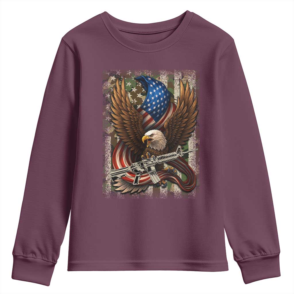 Patriotic Armed Eagle with  Camo Flag Youth Sweatshirt Military Patriotic USA Defense - Wonder Print Shop
