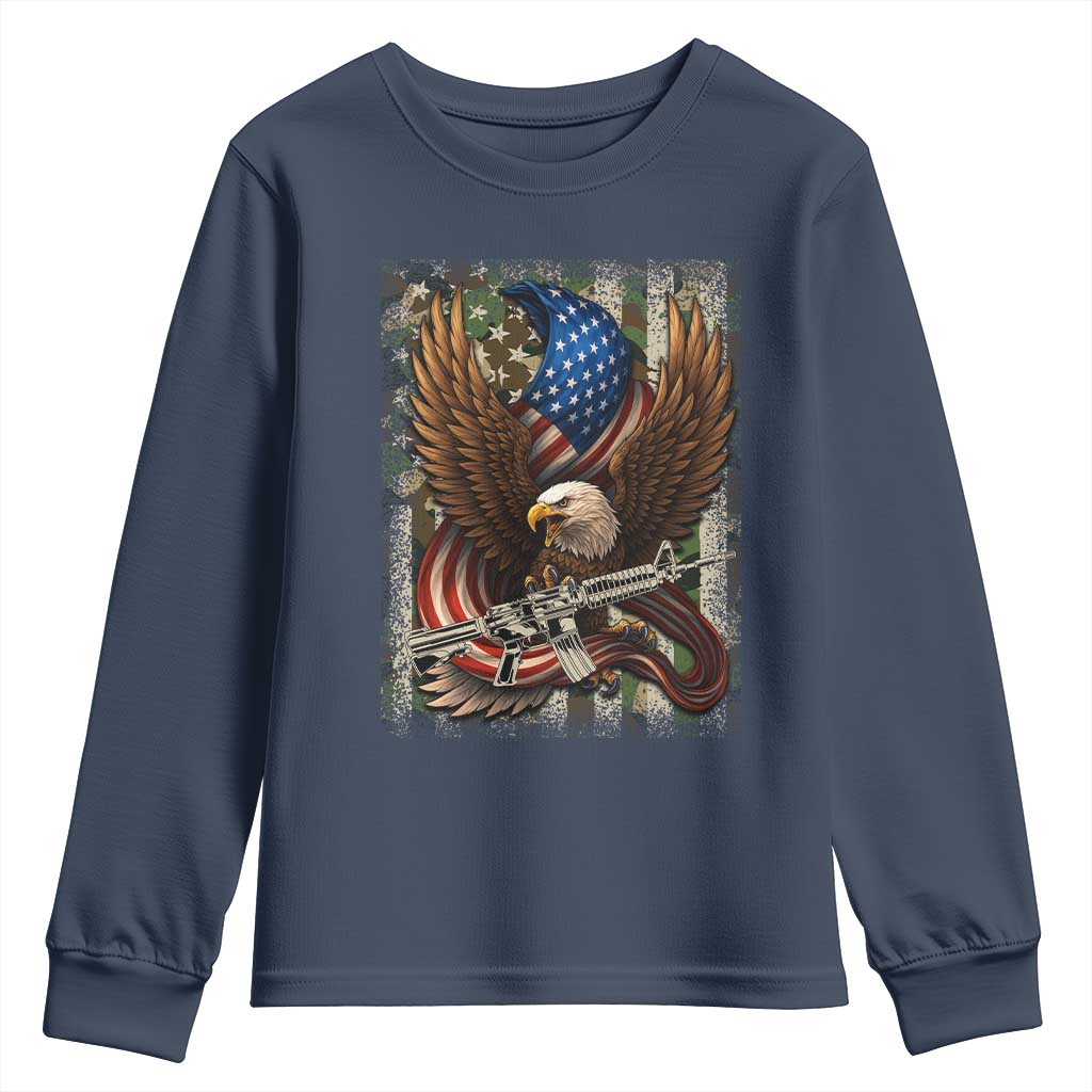 Patriotic Armed Eagle with  Camo Flag Youth Sweatshirt Military Patriotic USA Defense - Wonder Print Shop
