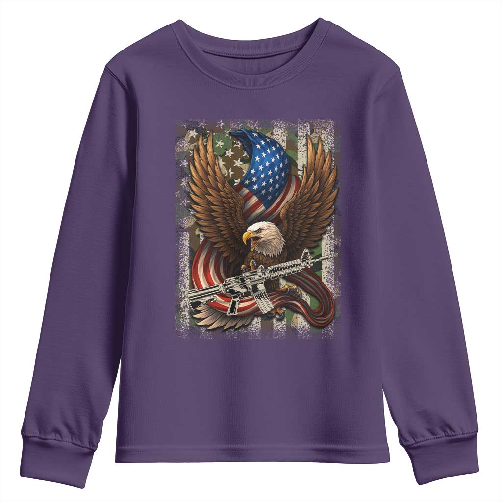 Patriotic Armed Eagle with  Camo Flag Youth Sweatshirt Military Patriotic USA Defense - Wonder Print Shop