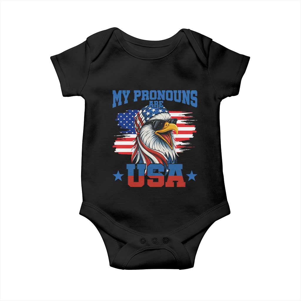 My Pronouns Are USA Baby Onesie Bold Patriotic Eagle with American Flag Bandana Mullet - Wonder Print Shop