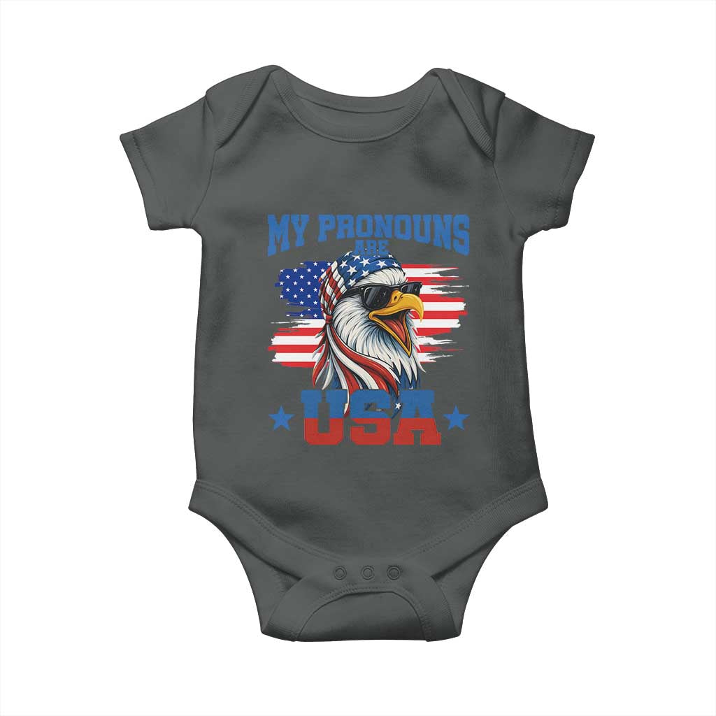 My Pronouns Are USA Baby Onesie Bold Patriotic Eagle with American Flag Bandana Mullet - Wonder Print Shop