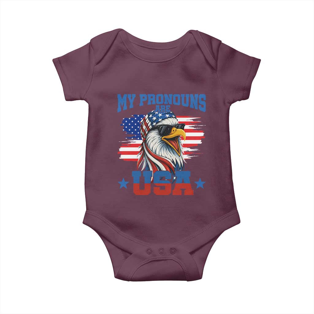 My Pronouns Are USA Baby Onesie Bold Patriotic Eagle with American Flag Bandana Mullet - Wonder Print Shop