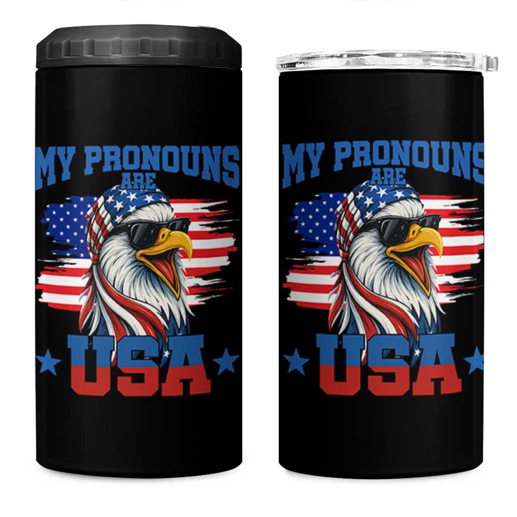 My Pronouns Are USA 4 in 1 Can Cooler Tumbler Bold Patriotic Eagle with American Flag Bandana Mullet - Wonder Print Shop
