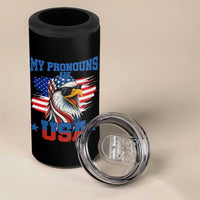My Pronouns Are USA 4 in 1 Can Cooler Tumbler Bold Patriotic Eagle with American Flag Bandana Mullet - Wonder Print Shop
