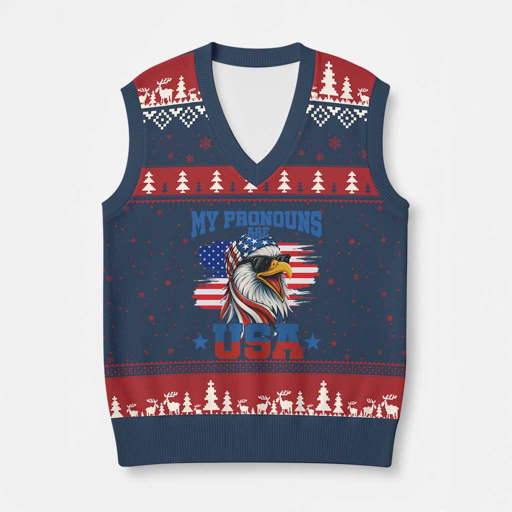 My Pronouns Are USA V-Neck Knit Sweater Vest Bold Patriotic Eagle with American Flag Bandana Mullet - Wonder Print Shop