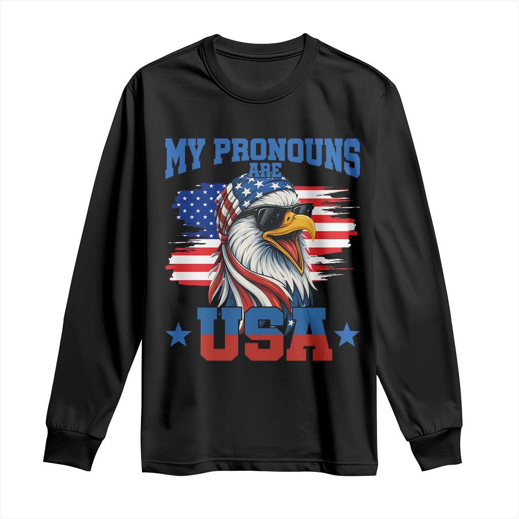 My Pronouns Are USA Long Sleeve Shirt Bold Patriotic Eagle with American Flag Bandana Mullet - Wonder Print Shop