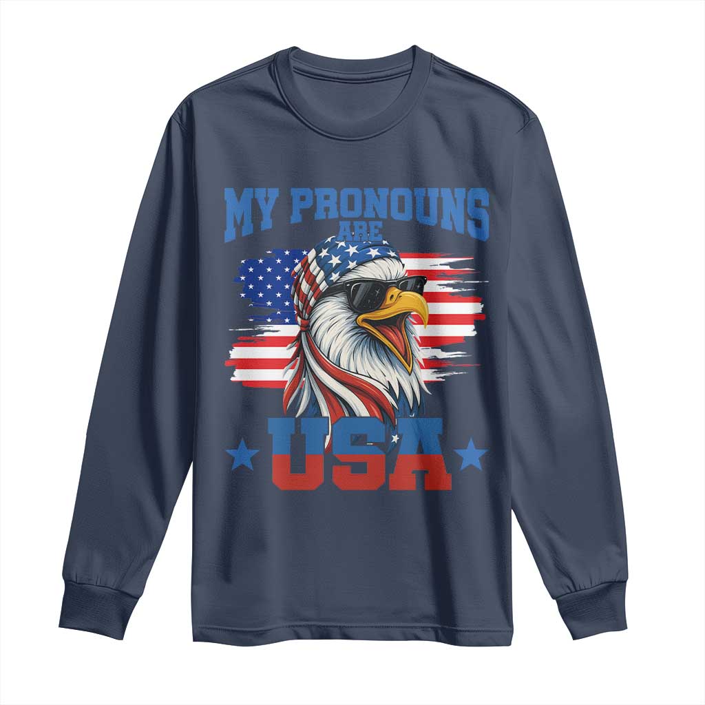 My Pronouns Are USA Long Sleeve Shirt Bold Patriotic Eagle with American Flag Bandana Mullet - Wonder Print Shop