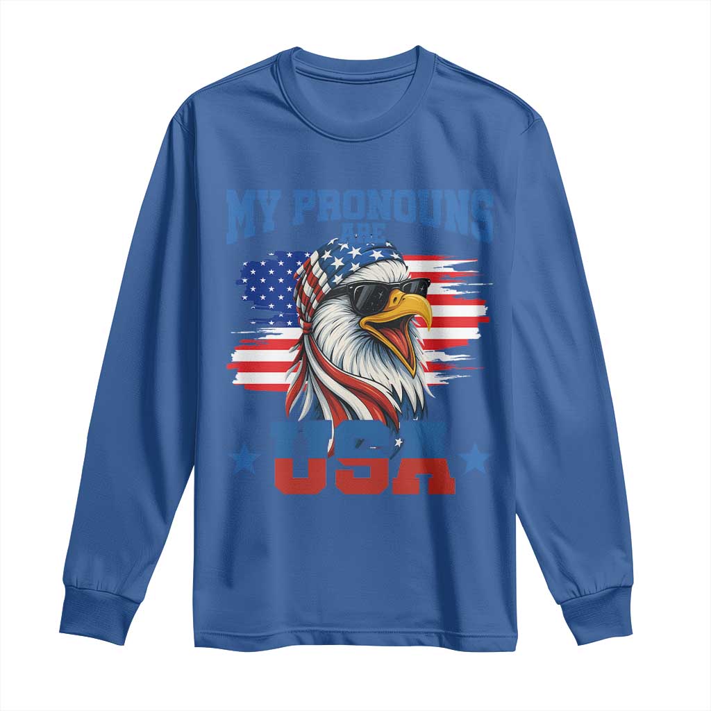 My Pronouns Are USA Long Sleeve Shirt Bold Patriotic Eagle with American Flag Bandana Mullet - Wonder Print Shop