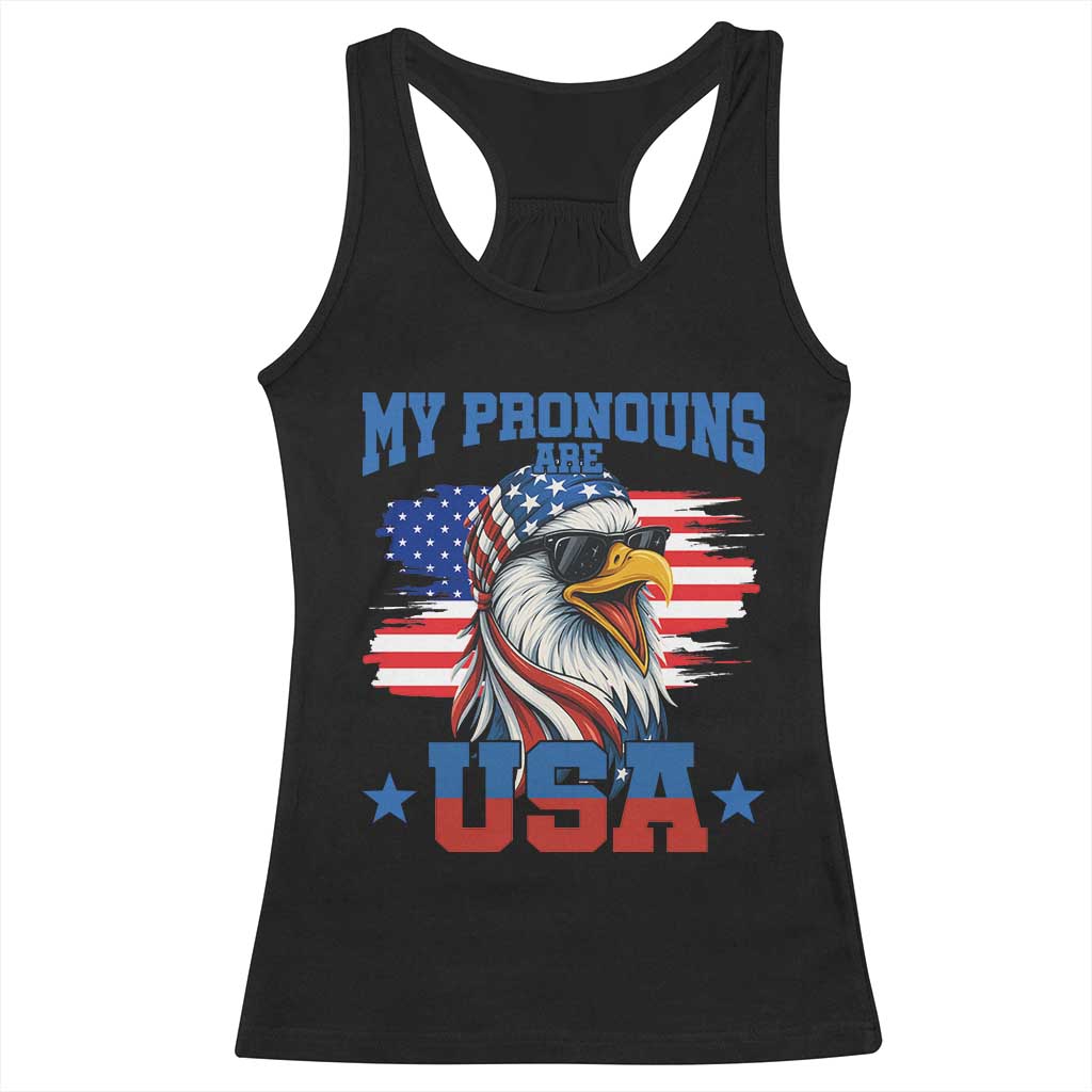 My Pronouns Are USA Racerback Tank Top Bold Patriotic Eagle with American Flag Bandana Mullet - Wonder Print Shop
