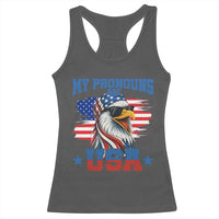 My Pronouns Are USA Racerback Tank Top Bold Patriotic Eagle with American Flag Bandana Mullet - Wonder Print Shop