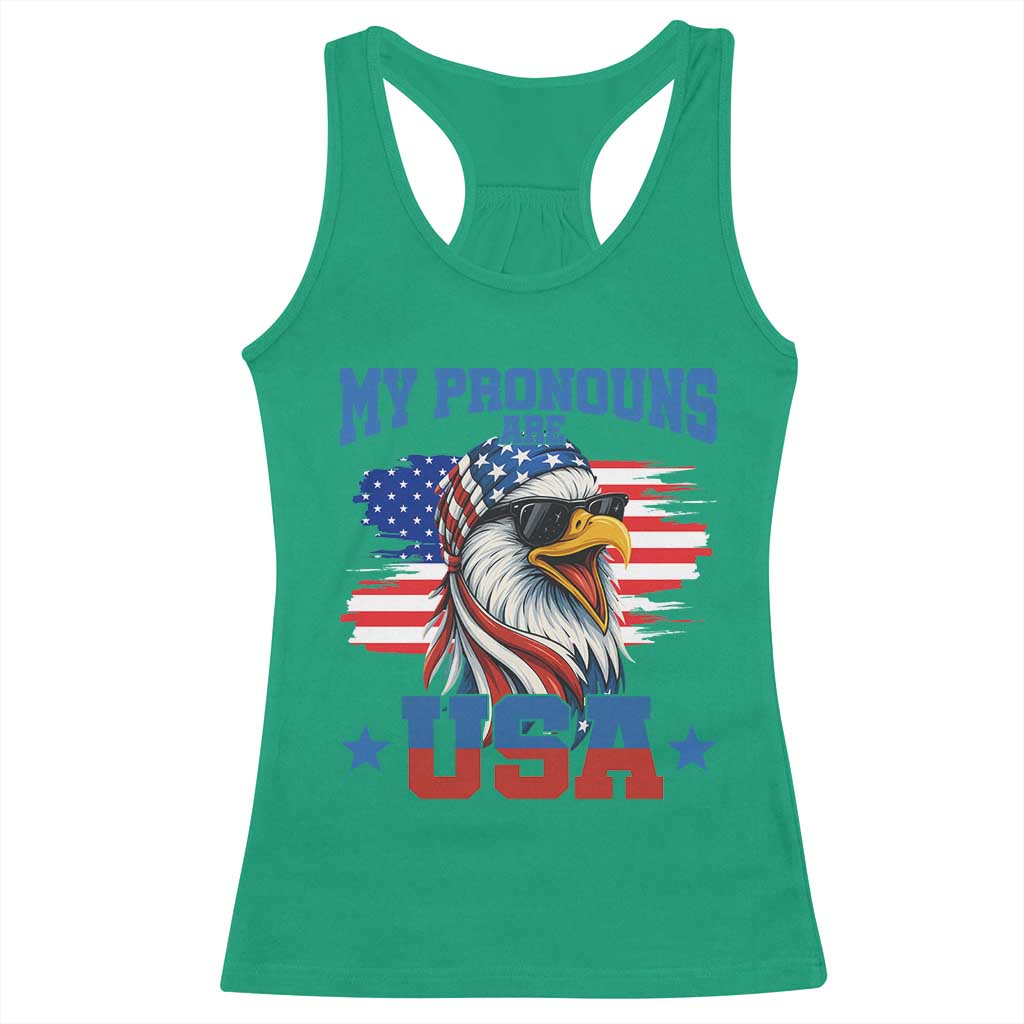 My Pronouns Are USA Racerback Tank Top Bold Patriotic Eagle with American Flag Bandana Mullet - Wonder Print Shop