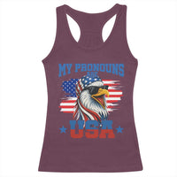 My Pronouns Are USA Racerback Tank Top Bold Patriotic Eagle with American Flag Bandana Mullet - Wonder Print Shop