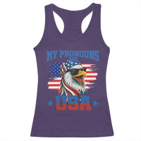 My Pronouns Are USA Racerback Tank Top Bold Patriotic Eagle with American Flag Bandana Mullet - Wonder Print Shop