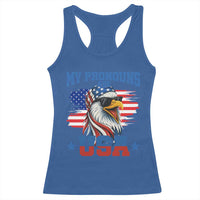 My Pronouns Are USA Racerback Tank Top Bold Patriotic Eagle with American Flag Bandana Mullet - Wonder Print Shop