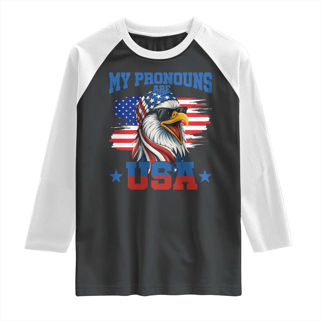 My Pronouns Are USA Raglan Shirt Bold Patriotic Eagle with American Flag Bandana Mullet - Wonder Print Shop