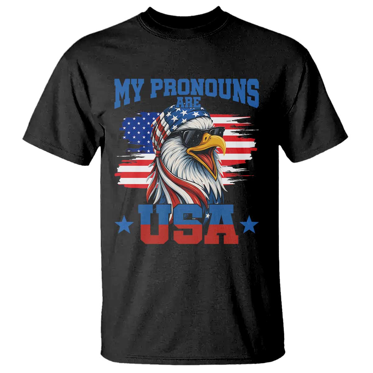 My Pronouns Are USA T Shirt Bold Patriotic Eagle with American Flag Bandana Mullet - Wonder Print Shop