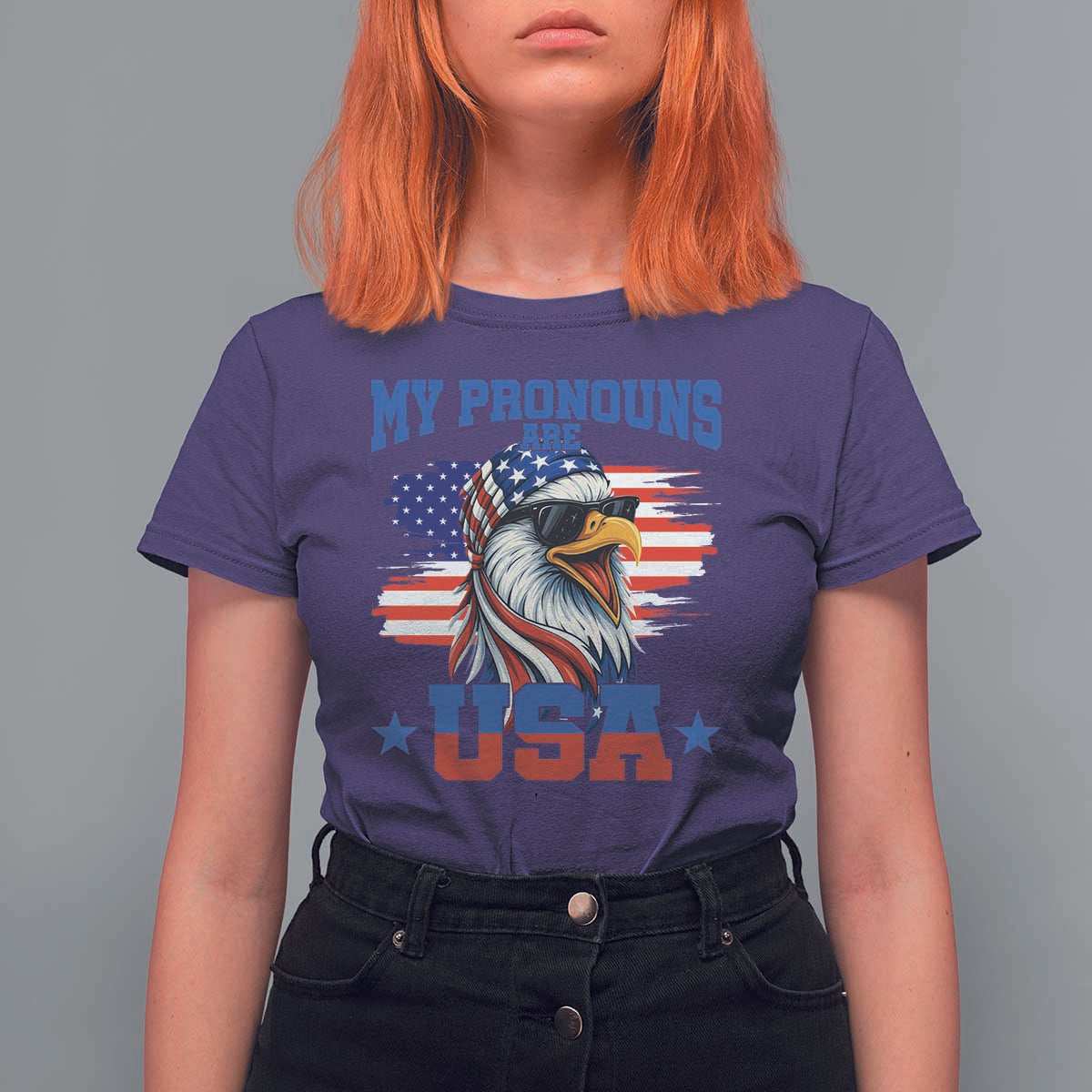 My Pronouns Are USA T Shirt For Women Bold Patriotic Eagle with American Flag Bandana Mullet - Wonder Print Shop