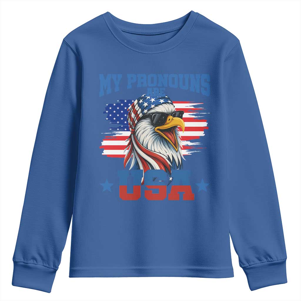 My Pronouns Are USA Youth Sweatshirt Bold Patriotic Eagle with American Flag Bandana Mullet - Wonder Print Shop